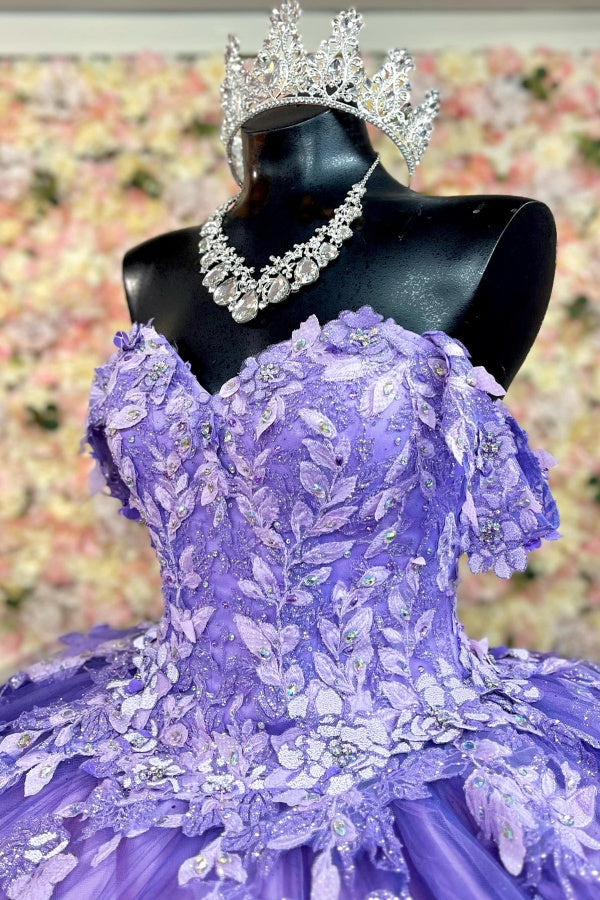 Ball Gown Off Shoulder Sleeveless Sequins Appliques Lace Up Sparkly Purple Tulle Quinceanera Dress Birthday Party Dress For Sweet 16