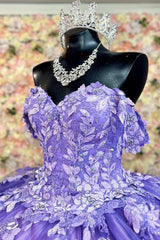Ball Gown Off Shoulder Sleeveless Sequins Appliques Lace Up Sparkly Purple Tulle Quinceanera Dress Birthday Party Dress For Sweet 16
