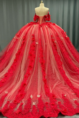 Ball Gown Off Shoulder Sleeveless Sequins Beaded 3D Flower Appliques Sparkly Red Tulle Quinceanera Dress Birthday Party Dress
