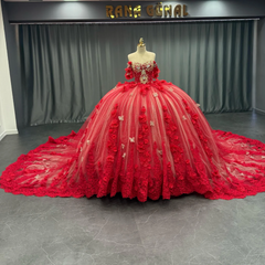 Ball Gown Off Shoulder Sleeveless Sequins Beaded 3D Flower Appliques Sparkly Red Tulle Quinceanera Dress Birthday Party Dress