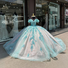 Ball Gown Off Shoulder Sleeveless Sequins Fully Appliques Sky Blue Tulle Quinceanera Dress Formal Evening Gown Birthday Party Dress For Sweet 16