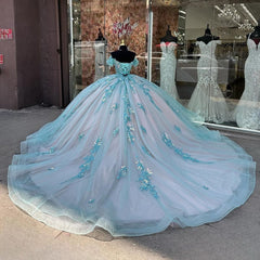 Ball Gown Off Shoulder Sleeveless Sequins Fully Appliques Sky Blue Tulle Quinceanera Dress Formal Evening Gown Birthday Party Dress For Sweet 16