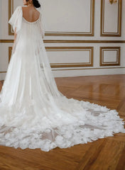 Ball Gown Off the Shoulder Cape Sleeves Chapel Train Crepe Satin Wedding Dress with Flower