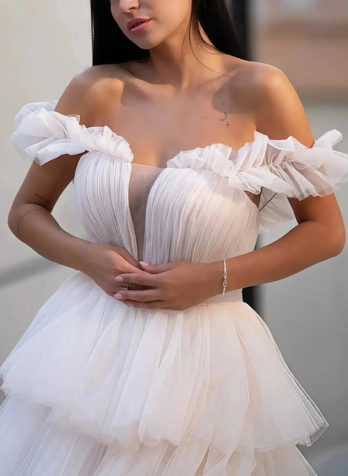 Ball Gown Off the Shoulder Sleeveless Chapel Train Satin Tulle Wedding Dress with Cascading Ruffles