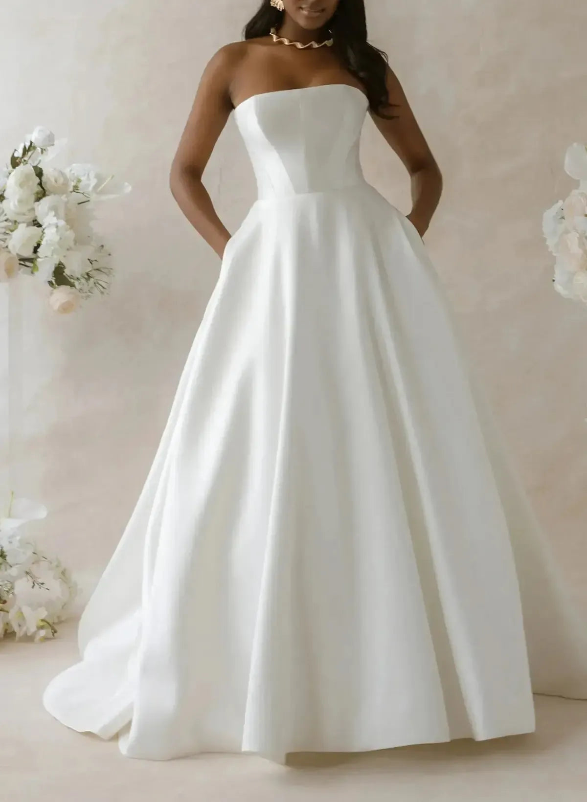 Ball Gown Off the Shoulder Sleeveless Court Train Satin Wedding Dress