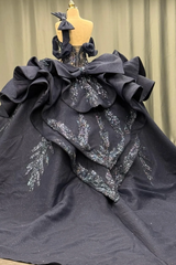 Ball Gown One Shoulder /Off Shoulder Sleeveless Beaded Appliques Ruffles Tiered Lace Up Sparkly Dark Navy Satin Quinceanera Dress Evening Formal Gown For Sweet 16