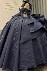Ball Gown One Shoulder /Off Shoulder Sleeveless Beaded Appliques Ruffles Tiered Lace Up Sparkly Dark Navy Satin Quinceanera Dress Evening Formal Gown For Sweet 16