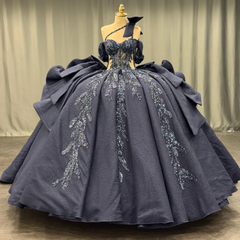 Ball Gown One Shoulder /Off Shoulder Sleeveless Beaded Appliques Ruffles Tiered Lace Up Sparkly Dark Navy Satin Quinceanera Dress Evening Formal Gown For Sweet 16
