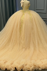 Ball Gown One Shoulder Sleeveless Beaded Bow Knot Appliques Tiered Glitter Light Champagne Tulle Quinceanera Dress Formal Evening Party Gown For Sweet 16