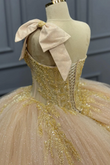 Ball Gown One Shoulder Sleeveless Beaded Bow Knot Appliques Tiered Glitter Light Champagne Tulle Quinceanera Dress Formal Evening Party Gown For Sweet 16