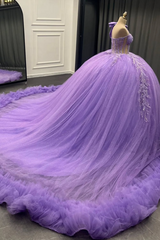 Ball Gown One Shoulder Sleeveless Beaded Sequins Appliques Ruffles Lilac Tulle Quinceanera Dress Evening Party Gown For Sweet 16