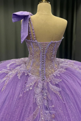 Ball Gown One Shoulder Sleeveless Beaded Sequins Appliques Ruffles Lilac Tulle Quinceanera Dress Evening Party Gown For Sweet 16
