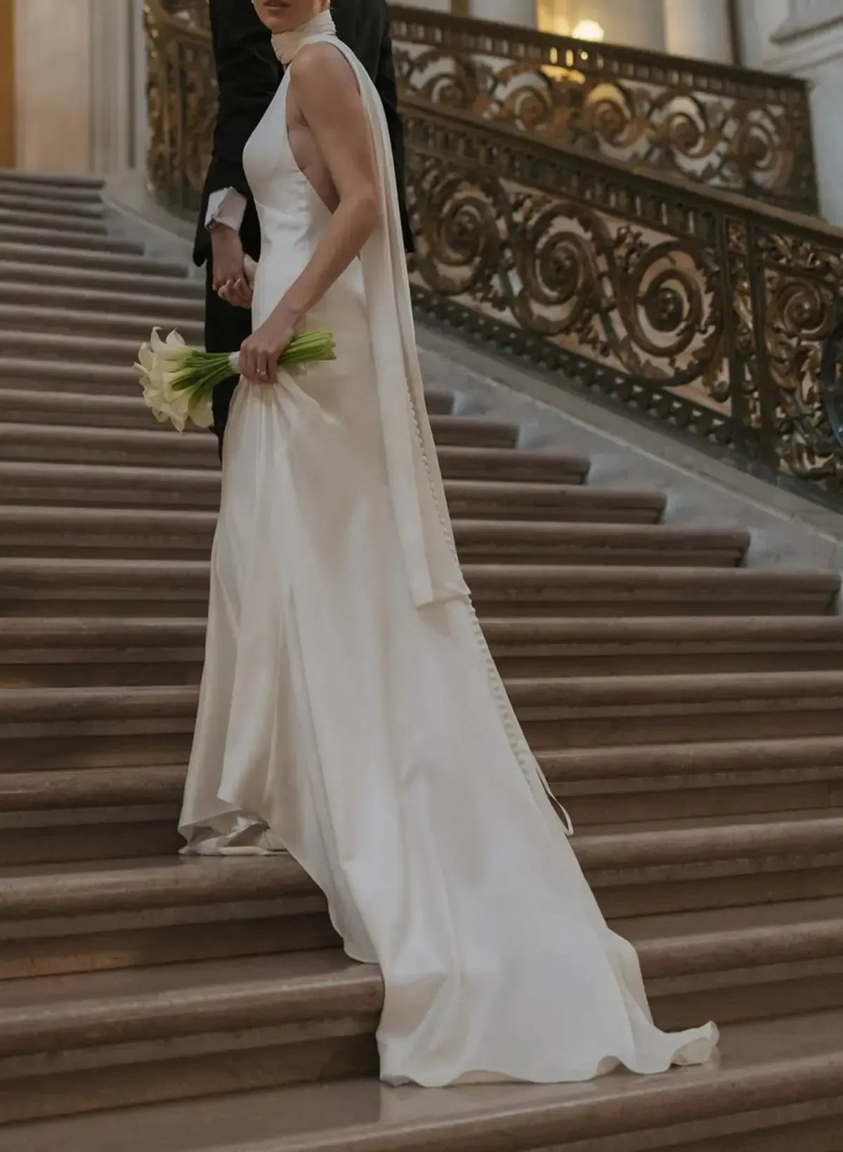 Ball Gown Plunge Neck Sleeveless Chapel Train Crepe Satin Wedding Dress