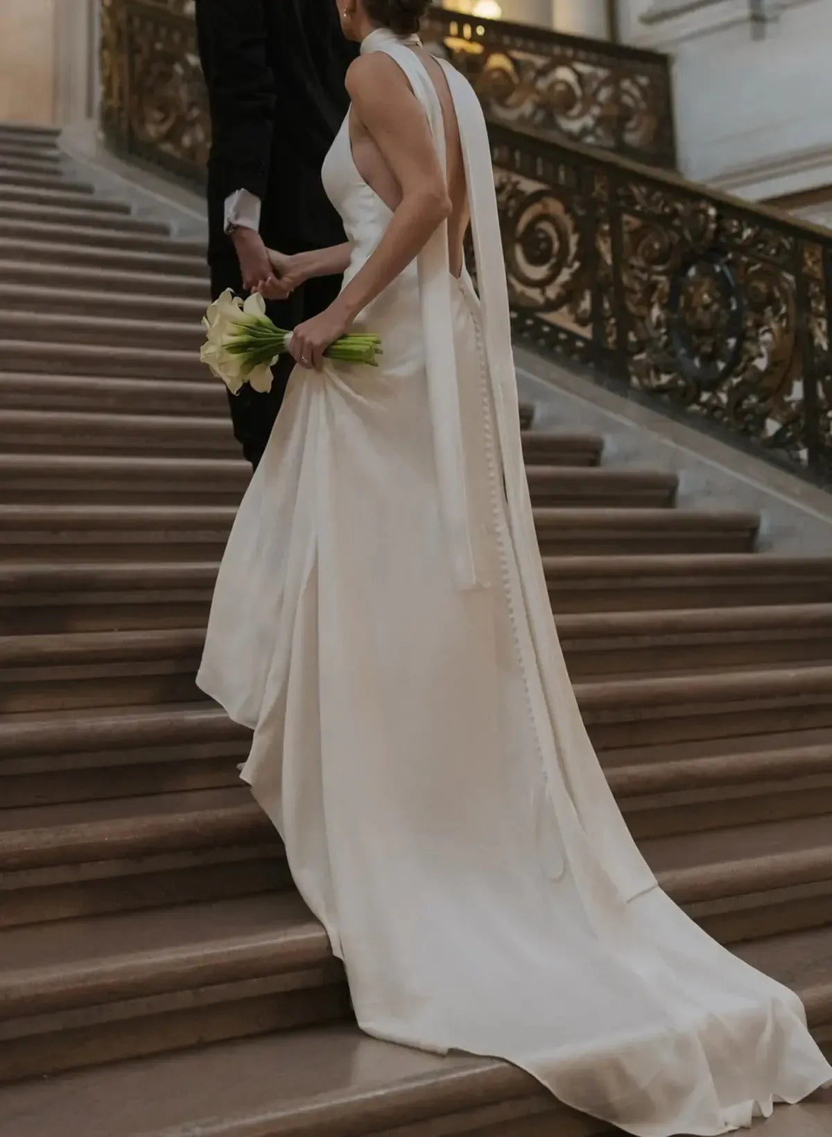Ball Gown Plunge Neck Sleeveless Chapel Train Crepe Satin Wedding Dress