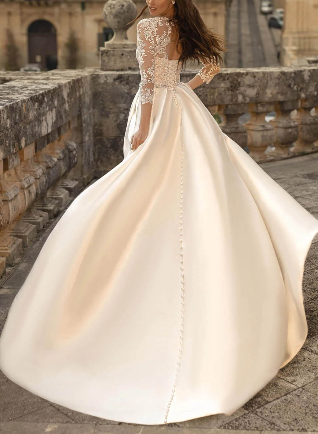Ball Gown Satin Wedding Dress with Classic Lace Sleeves