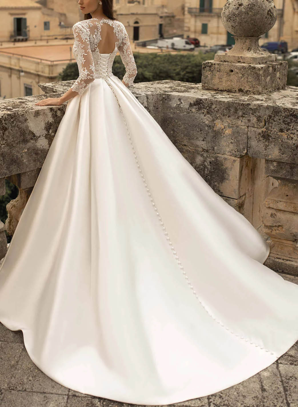 Ball Gown Satin Wedding Dress with Classic Lace Sleeves
