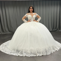 Ball Gown Scoop Neck Long Transparent Sleeves Fully Lace Appliques Pleated White Tulle Formal Evening Party Dress Quinceanera Dress Birthday Gown For Sweet 16