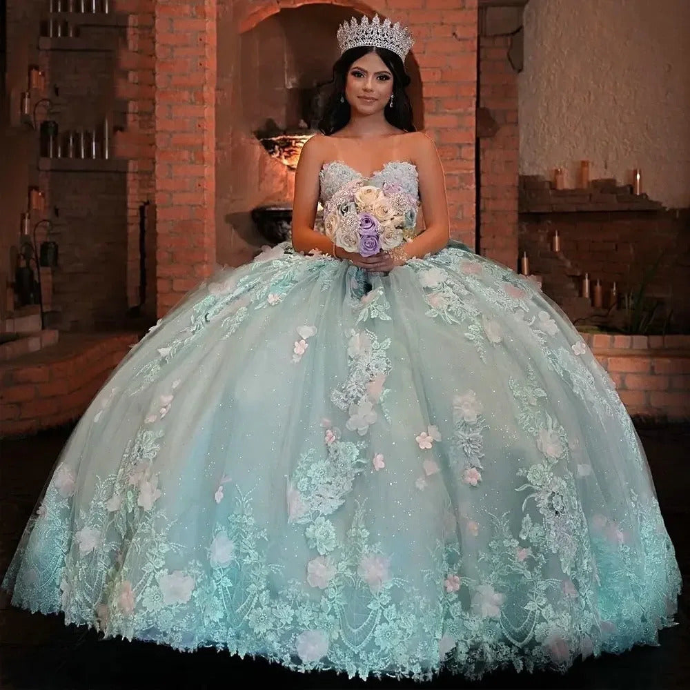 Ball Gown Strapless Sleeveless 3D Flower Lace Appliques Sky Blue Tulle Quinceanera Dress For Sweet 16