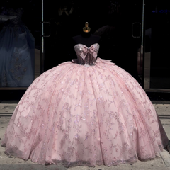 Ball Gown Strapless Sleeveless Beaded Bow Knot Fully Sequins Appliques Sparkly Pink Tullle Quinceanera Dress Birthday Party Dress For Sweet 16