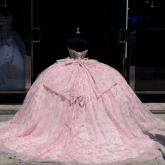 Ball Gown Strapless Sleeveless Beaded Bow Knot Fully Sequins Appliques Sparkly Pink Tullle Quinceanera Dress Birthday Party Dress For Sweet 16