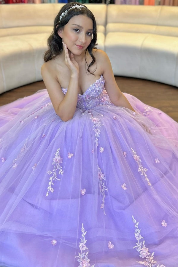 Ball Gown Strapless Sleeveless Flower Appliques Shawl Lilac Tulle Quinceanera Dress Birthday Party Dress Evening Gown For Sweet 16