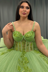 Ball Gown Strapless Spaghetti Straps Sleeveless Sequins Beaded Appliques Pleated Big Bow Knot Green Tulle Quinceanera Dress Birthday Party Dress