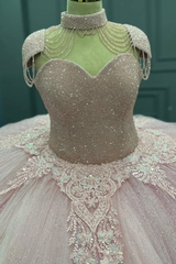 Ball Gown Sweetheart Neck Cap Sleeves Beaded Appliques Baby Pink Tulle Quinceanera Dress Formal Evening Gown For Sweet 16
