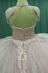 Ball Gown Sweetheart Neck Cap Sleeves Beaded Appliques Baby Pink Tulle Quinceanera Dress Formal Evening Gown For Sweet 16