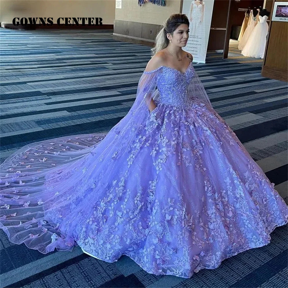 Ball Gown Sweetheart Neck Long Sleeves 3D Butterfly Lace Appliques Beaded Lavender Tulle Quinceanera Dress For Sweet 16