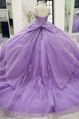 Ball Gown Sweetheart Neck Spaghetti Straps Sleeveless Beaded 3D Flower Appliques Pleated Bow Knot Sparkly Lilac Tulle Quinceanera Dress Princess Birthday Party Dress For Sweet 16