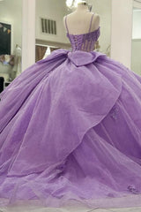 Ball Gown Sweetheart Neck Spaghetti Straps Sleeveless Beaded 3D Flower Appliques Pleated Bow Knot Sparkly Lilac Tulle Quinceanera Dress Princess Birthday Party Dress For Sweet 16
