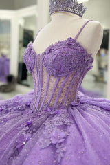 Ball Gown Sweetheart Neck Spaghetti Straps Sleeveless Beaded 3D Flower Appliques Pleated Bow Knot Sparkly Lilac Tulle Quinceanera Dress Princess Birthday Party Dress For Sweet 16