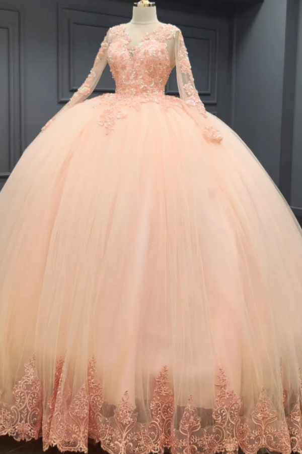 Ball Gown V Neck Long Sleeves 3D Flower Appliques Beaded Pink Tulle Evening Party Gown Quinceanera Dress For Sweet 16