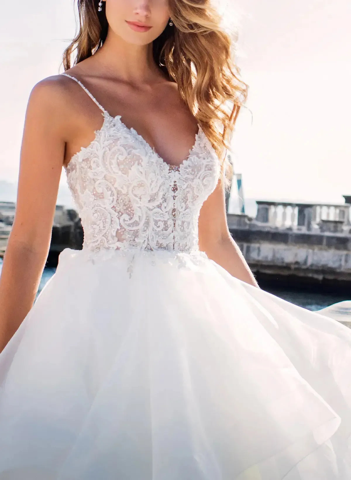 Ball Gown V Neck Sleeveless Chapel Train Satin Organza Wedding Dress with Appliques