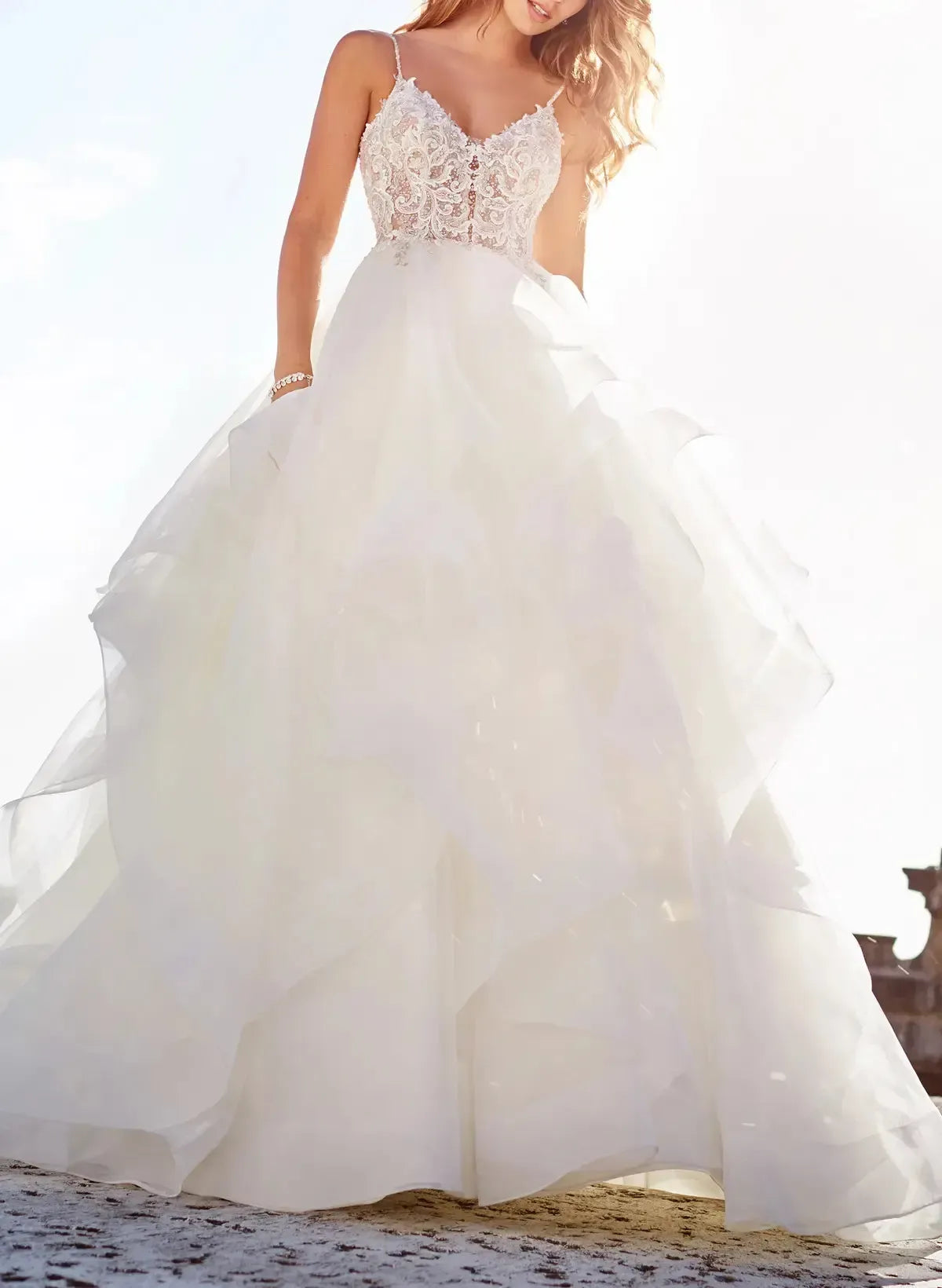 Ball Gown V Neck Sleeveless Chapel Train Satin Organza Wedding Dress with Appliques