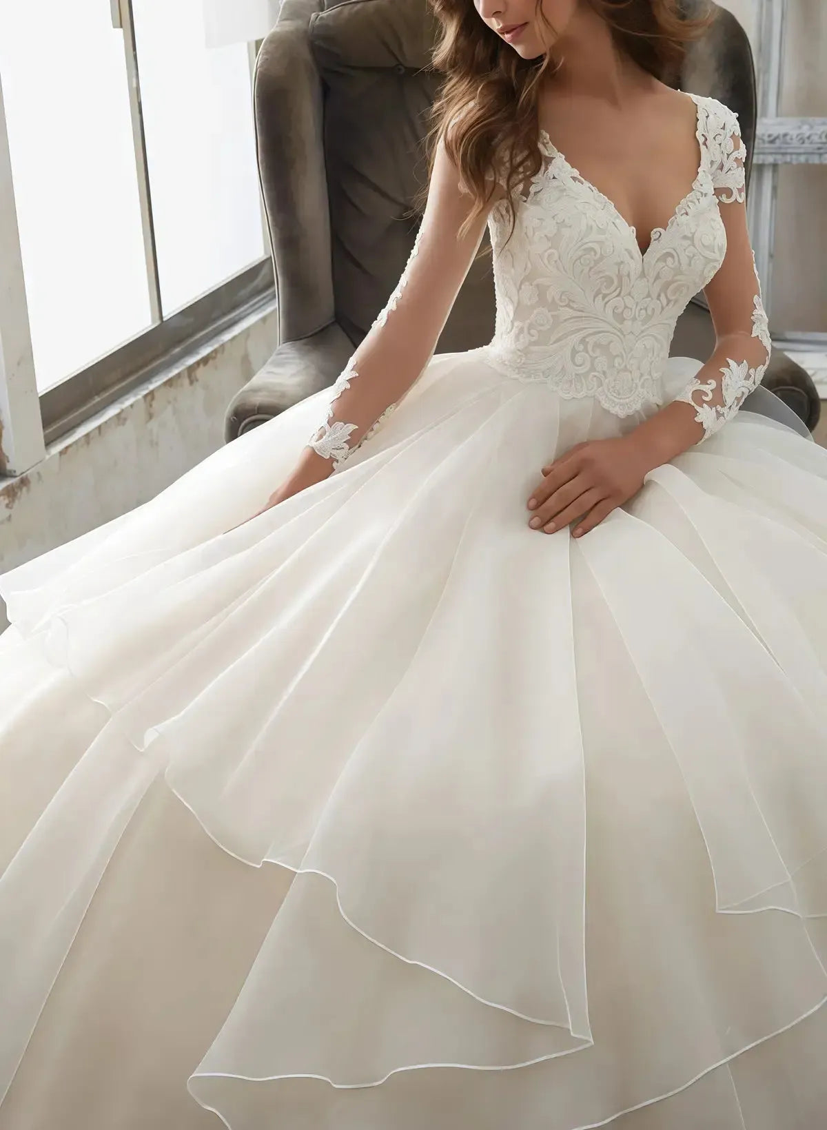 Ball Gown V Neck Three Quarter Sleeves Court Train Satin Organza Wedding Dress with Appliques