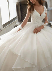 Ball Gown V Neck Three Quarter Sleeves Court Train Satin Organza Wedding Dress with Appliques