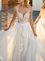 Ball Gown V neck Sleeveless Tulle Court Train Wedding Dress With Lace Appliques
