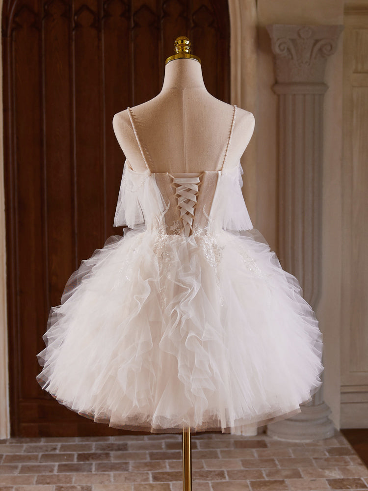 Ball Homecoming Dress Tulle Lace Light Champagne with BeadsShort Party Cocktail Dress