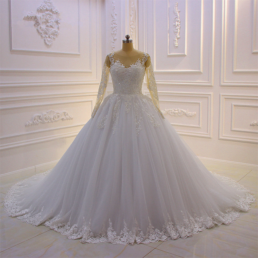 Bateau Long Sleeve Lace A Line Tulle Wedding Dress with Pearls and Appliques