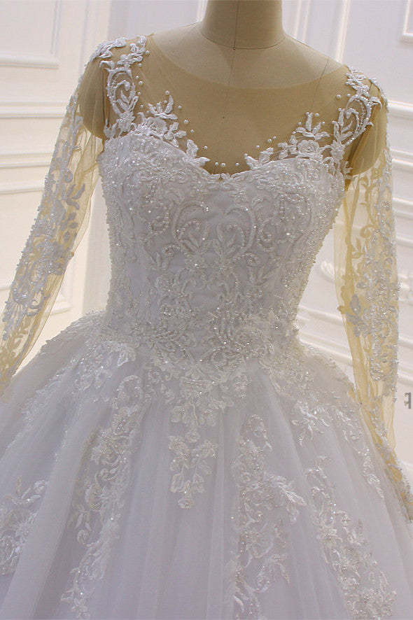Bateau Long Sleeve Lace A Line Tulle Wedding Dress with Pearls and Appliques