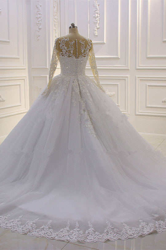 Bateau Long Sleeve Lace A Line Tulle Wedding Dress with Pearls and Appliques