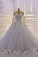 Bateau Long Sleeve Lace A Line Tulle Wedding Dress with Pearls and Appliques