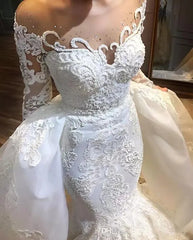 Bateau Neck Wedding Dress Long Sleeves Lace Appliques Mermaid Bridal Dress With Panel Train