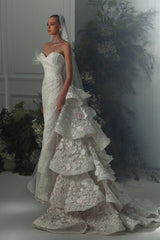 Beaded Lace Mermaid Wedding Dress with Cascading Ruffles and 3D Flowers