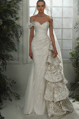 Beaded Lace Mermaid Wedding Dress with Cascading Ruffles and 3D Flowers