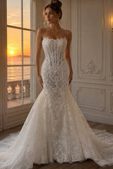 Beaded Lace Mermaid Wedding Dress with Strapless Corset Bodice