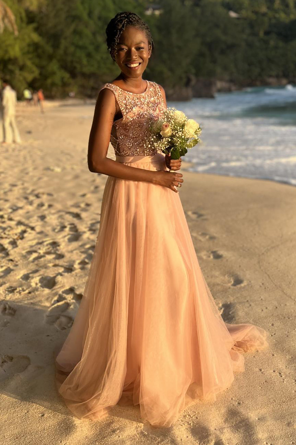 Beaded Long Tulle Bridesmaid Evening Dress