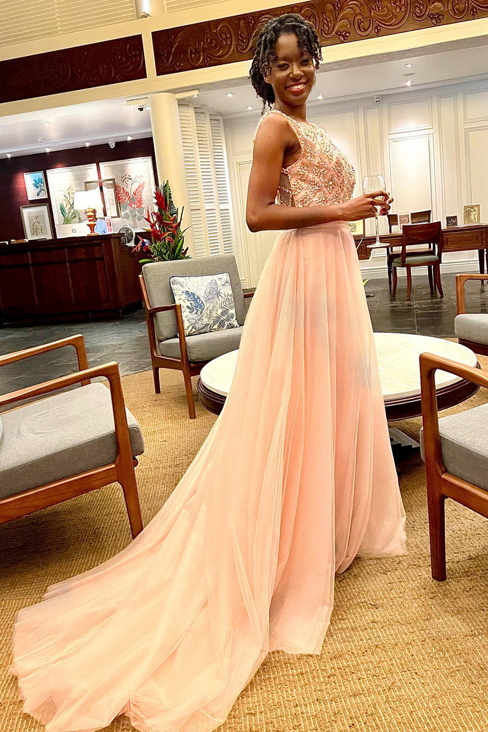 Beaded Long Tulle Bridesmaid Evening Dress