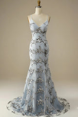Beaded Prom Dress Backless Mermaid Spaghetti Straps Evening Dress
